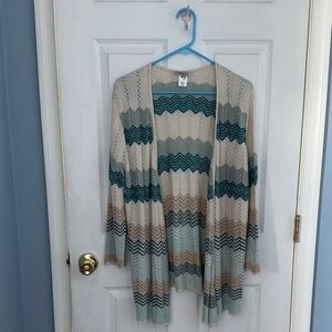 Roz & Ali Chevron Patterned Cardigan in Teal and Beige